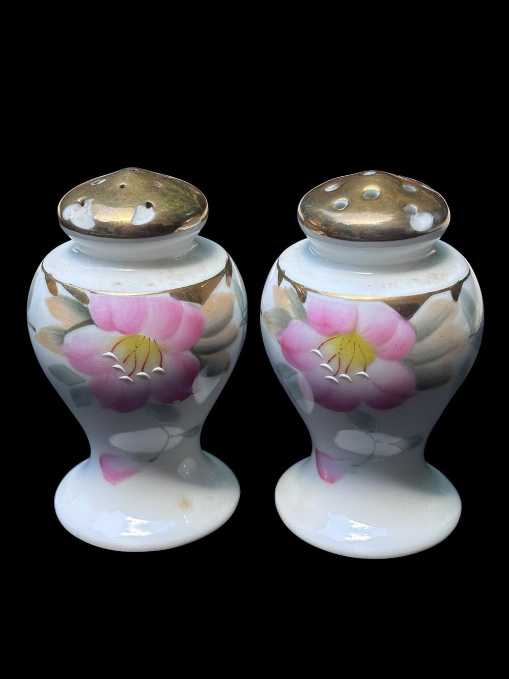 Noritake Bulbous Salt & Pepper Shakers Pink Azalea w/Gold 3" Japan Vintage FLAW